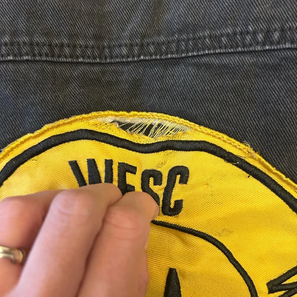 Conspiracy WESC Denim Jacket Unisex Black Smiley Face Trucker Mens m Women’s L - Picture 11 of 15